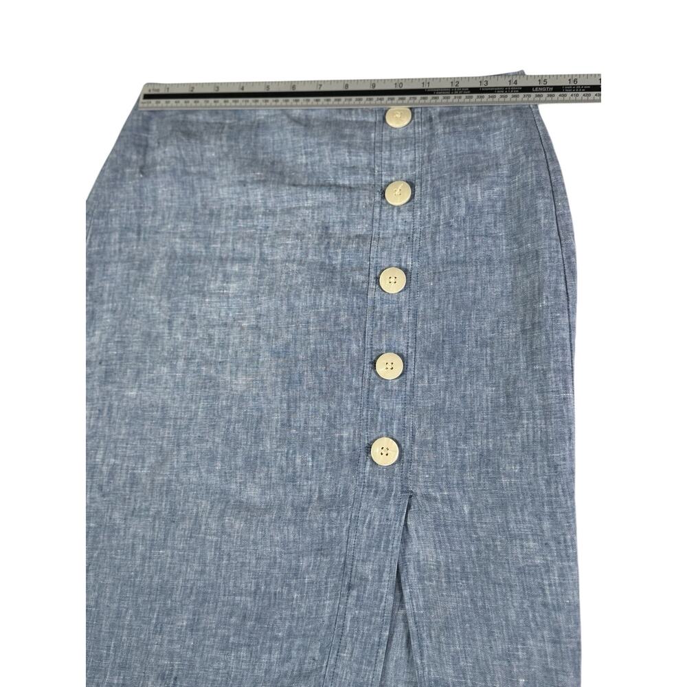 LOFT Linen Midi Skirt Size 2 Blue Botton Front Slit Summer Coastal Minimalist - Picture 5 of 12